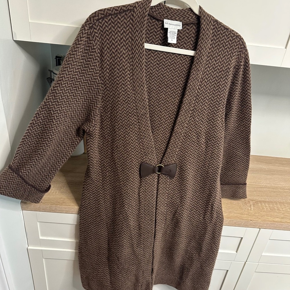 Soft Surroundings Cardigan Women XL Brown Herringbone Wool Angora Duster Buckle